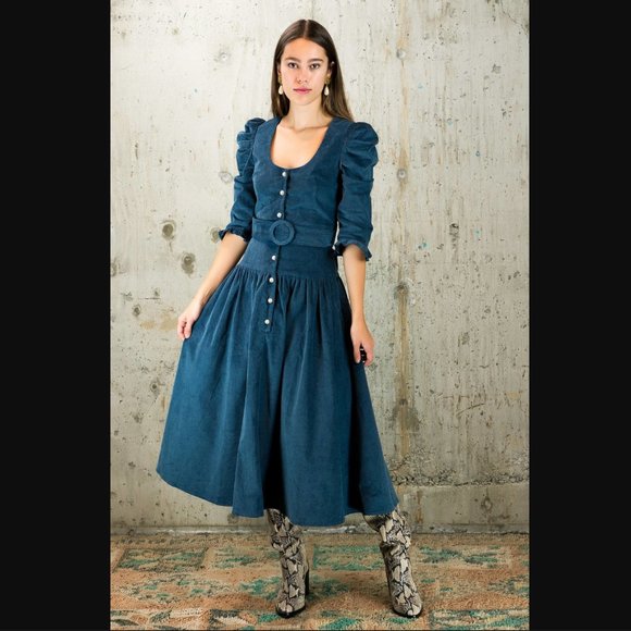KRISTINIT corduroy midi dress XS/Small puff sleeve - Picture 5 of 8